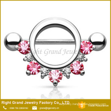 Circle Pink Red Lined Gems CZ Surgical Steel 14G Barbell Nipple Ring Body Jewelry